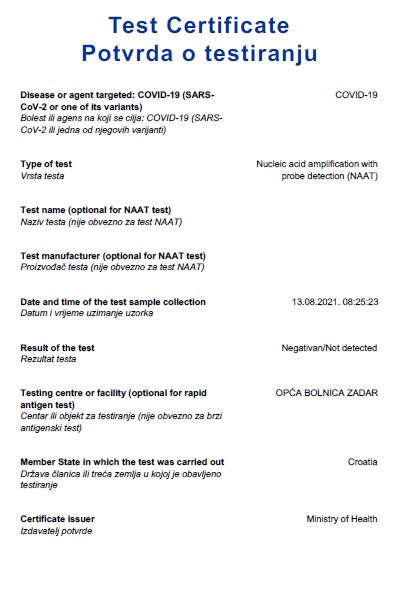 Potvrda o testiranju (PCR)