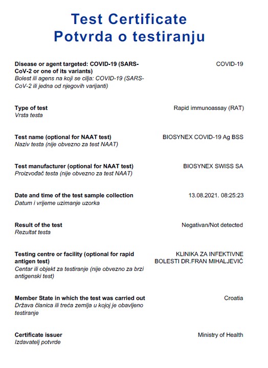 Potvrda o testiranju (RAT - brzi test)